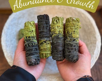 Abundance Growth Sage Bundle Set Green Black Smudge Sticks Energy Cleansing Ritual Spiritual Gift Handmade