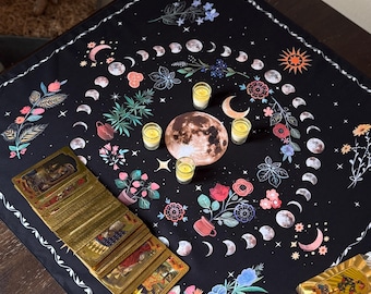 Moon Phase Altar Cloth 29"x29" – Celestial Tarot Reading Mat with Floral & Lunar Design, Witchy Home Decor