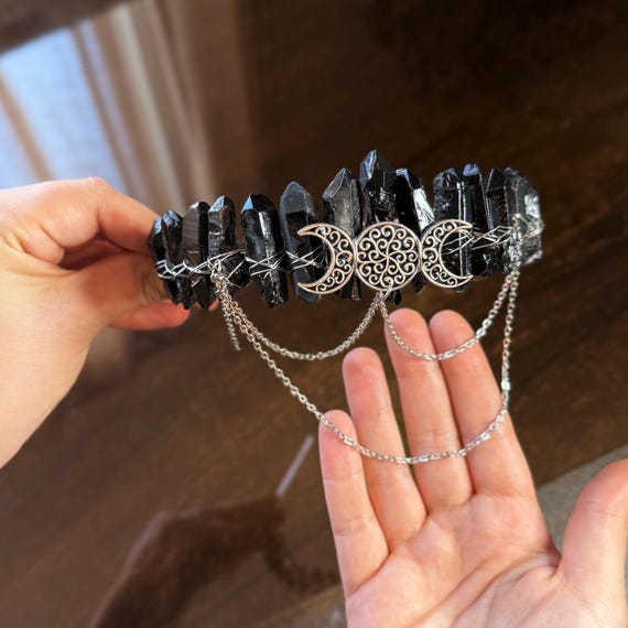 Black Crystal Moon Crown – Quartz Headpiece With Triple Moon 
