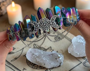 Rainbow Aura Quartz Crystal Crown – Gold Triple Moon Headpiece, Boho Goddess Tiara Gift for her