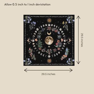 May include: Black square tapestry with a celestial design. The tapestry features a full moon, crescent moons, phases of the moon, flowers, and suns. The tapestry is 29.5 inches by 29.5 inches. Text on the image reads: Allow 0.5 inch to 1 inch deviation.