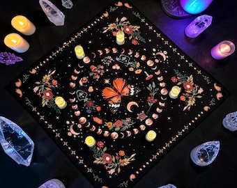 Tarot Table Cloth Dark Boho Altar Cloth with Moon Phases & Butterfly | Witchy Ritual Decor | Celestial Sacred Space 29inch x 29inch Square
