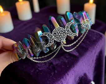 Rainbow Aura Quartz Crystal Crown – Gold Triple Moon Headpiece, Boho Goddess Tiara Spiritual Gift