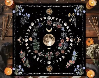 Mondphase Altar Tuch 79x75 cm - Himmlische Tarot Lesematte mit Floral & Mond Design, Witchy Home Decor