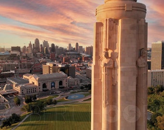 Kansas City Liberty Memorial Aerial Photo with Digital Sunset