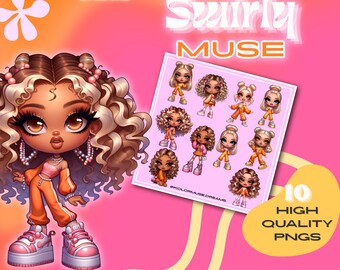 Chicas de moda retro Y2K / Colección de imágenes prediseñadas PNG de Swirly Muse / Conjunto de imágenes prediseñadas naranjas y rosas