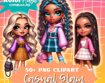 Imágenes prediseñadas de glamour casual, imágenes PNG de chicas de moda, gráficos de muñecas, pegatinas para agenda, uso comercial