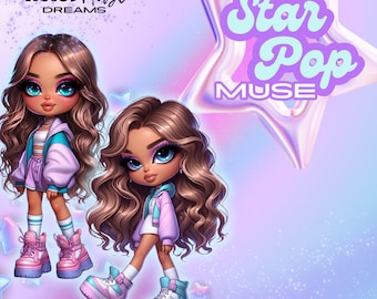 Paquete de imágenes prediseñadas PNG de chicas a la moda / Gráficos de muñecas modernas / Personajes PNG adorables / Sublimación / Pegatinas / Uso comercial bajo demanda / StarPop Muse