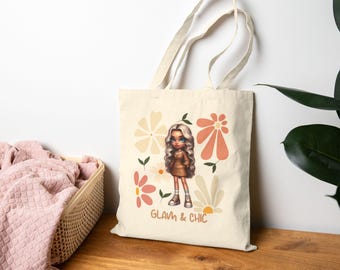 Bolso tote de lona de algodón con estampado floral: elegante bolso de compras reutilizable para niña.