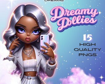 Paquete de imágenes PNG de chicas lindas / 15 imágenes prediseñadas de muñecas de moda / Gráficos imprimibles para impresión bajo demanda y manualidades / Paquete de imágenes PNG de muñecas de ensueño: 15 chicas chibi glamurosas
