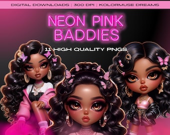 Muñecas rosas neón – Colección de 11 imágenes PNG de muñecas urbanas glamurosas / Chicas chibi / Muñecas inspiradas en el estilo Y2K / Muñecas digitales lindas / Agenda, pegatina