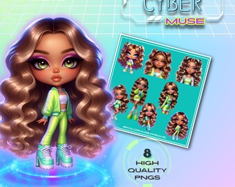 Colección de muñecas PNG Cyber Muse / Chicas de moda digital Y2K / Paquete de imágenes prediseñadas neón futuristas