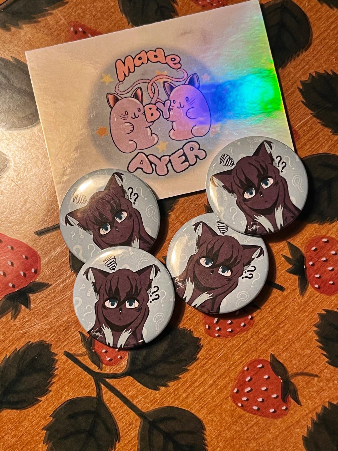 Four Pack; Assorted Demon Slayer Cat Themed Buttons: 37mm, Hand Crafted ...