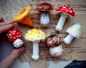 Set of 7 рaper mache mushrooms Fungi ornament  Mushroom decoration  Toadstool decor  Mushroom ornament Yule decorations
