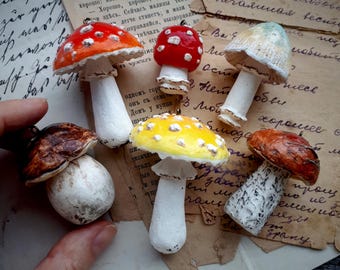 Set of 6 рaper mache mushrooms Fungi ornament  Mushroom decoration  Toadstool decor  Mushroom ornament  Magic mushroom art