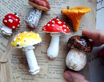 Set of 6 рaper mache mushrooms Fungi ornament  Mushroom decoration  Toadstool decor  Mushroom ornament Yule decorations