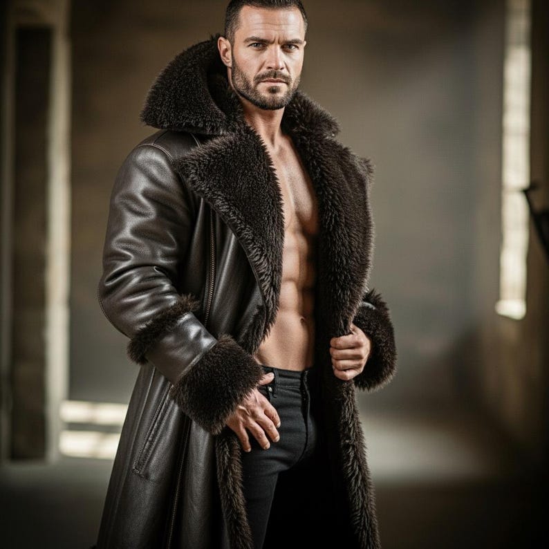 May include: A long, dark brown leather coat with a shearling collar and cuffs. The coat is open, revealing the chest. The coat has a classic design and appears to be made of high-quality materials. The coat is worn with black pants.