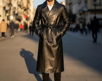 Handmade Men’s Black Leather Trench Coat | Genuine Leather Long Coat with Belt | Custom Tailored Leather Overcoat