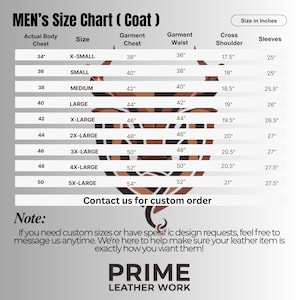 May include: A size chart for men's coats, displaying measurements in inches. The chart includes sizes from X-Small to 5X-Large, with corresponding actual body chest, garment chest, waist, shoulder, and sleeve measurements. The chart is from Prime Leather Work.