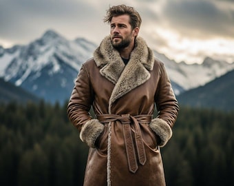 Handmade Men’s Genuine Leather Shearling Trench Coat | Custom Brown Fur Lined Overcoat | Personalized Winter Belted Coat | Tailored Fit