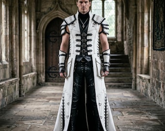 Gilet lungo da uomo in pelle fatto a mano, bianco, in pelle di vacchetta, lunghezza fino al pavimento, con fibbia frontale, costume LARP per uomo, gilet da trench in pelle su misura