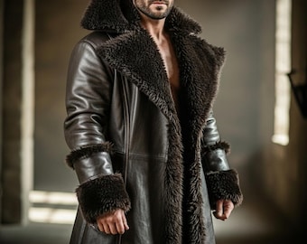 Handmade Brown Shearling Leather Coat | Long Sheepskin Overcoat | Custom Winter Trench | Tailored Mens Streetwear