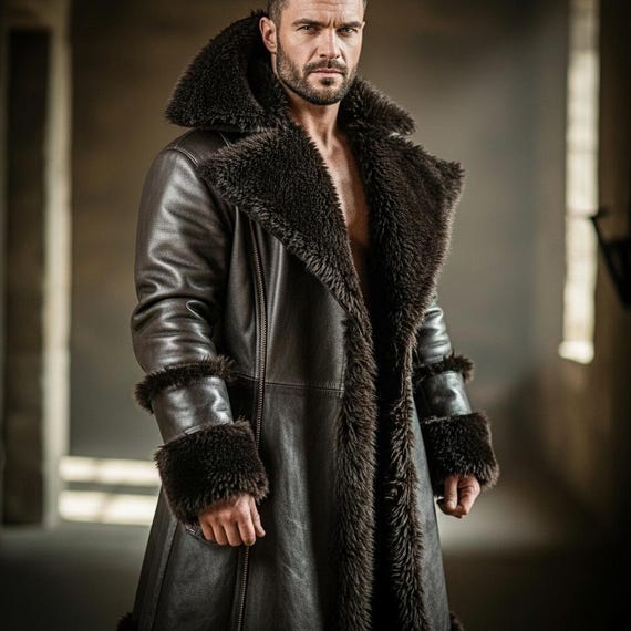 Handmade Brown Shearling Leather Coat | Long Sheepskin Overcoat | Custom Winter Trench | Tailored Mens Streetwear