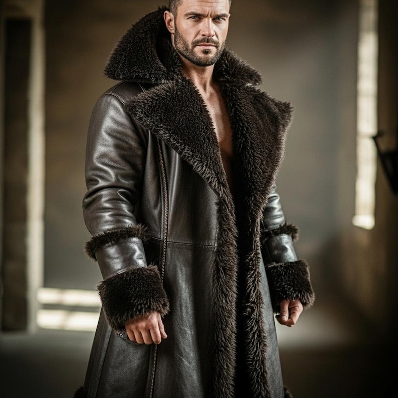 May include: A dark brown leather coat with a faux fur collar and trim. The long coat features a double-breasted design and fur cuffs. The coat is a stylish outerwear garment.