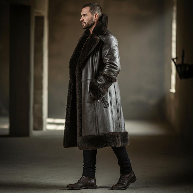 May include: A long, dark brown leather coat with a shearling lining and trim. The coat features a wide collar, large cuffs, and a knee-length design. The person in the image is wearing black pants and brown leather boots.