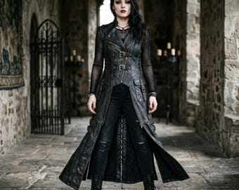 Handmade Women Leather Long Vest Coat Cowhide Distressed Sleeveless Trench Duster Buckle Lace Up Gothic leather Vest For Women Steampunk