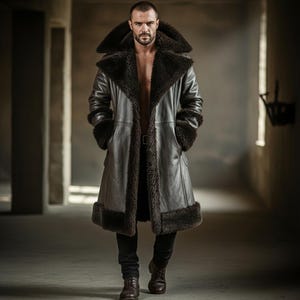 May include: A long, dark brown leather coat with a faux fur lining and trim. The coat has a wide collar and cuffs, and a belt at the waist. The coat is open, revealing the chest. The coat is worn with black pants and brown boots.
