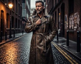 Handmade Men’s Genuine Leather Trench Coat | Custom Brown Belted Overcoat | Personalized Double Breasted Long Coat | Tailored Street Style