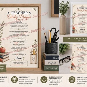 May include: A framed wall art print titled A Teacher's Daily Prayer, featuring a beige background with botanical illustrations, a stack of books with an apple, and a pencil holder. The text includes a prayer and the Bible verse Colossians 3:23.