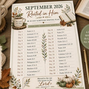 Peut inclure: Un plan d'écriture des écritures de septembre 2026 intitulé Rooted in Him, présentant une liste de 30 jours de versets bibliques, des illustrations de feuilles d'automne et des citrouilles. Le document inclut le texte Blessed is the one who trusts in the Lord, Jeremiah 17:7.