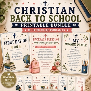 Può includere: Un pacchetto stampabile cristiano per il ritorno a scuola che include tre grandi carte e otto piccoli biglietti per il portapranzo. Le carte mostrano testi religiosi, illustrazioni di libri, un mappamondo, uno zaino e fiori, con il titolo Christian Back To School Printable Bundle e 10+ Faith-Filled Printables stampato in blu scuro e rosso.