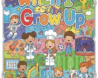 May include: A colorful children's illustration with the text "When I Grow Up." The image features various professions, including an astronaut, doctor, chef, soccer player, and artist, each depicted with cartoon children. The background includes stars, planets, and a cityscape.
