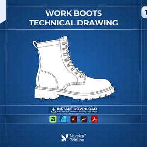 Puede incluir: Un dibujo técnico de líneas blancas de una bota de trabajo con cordones centrado sobre un fondo de cuadrícula azul. El texto dice WORK BOOTS TECHNICAL DRAWING, 1 VIEW, INSTANT DOWNLOAD y Naveixa Gridline. Incluye iconos de formatos.