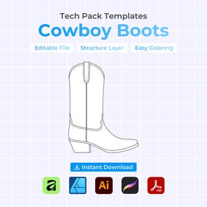 May include: A black and white illustration of a cowboy boot, with the words "Cowboy Boots" at the top. The image also includes the text "Editable File," "Structure Layer," and "Easy Coloring." A button below says "Instant Download."