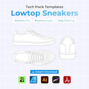 Peut inclure: Un modèle numérique de baskets basses, avec trois vues : latérale, supérieure et arrière. Le design est en noir sur un fond de grille bleu clair. Le texte comprend "Tech Pack Templates" et "Lowtop Sneakers".