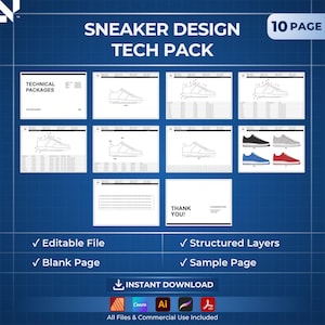 May include: A 10-page sneaker design tech pack template featuring technical line drawings of sneakers, specification tables, and color variations in black, gray, blue, and red. The document includes editable files, structured layers, and a thank you page.