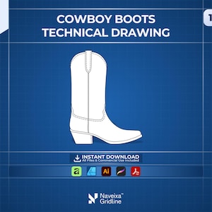 May include: A white line art technical drawing of a cowboy boot centered on a blue grid background. The text reads COWBOY BOOTS TECHNICAL DRAWING, 1 VIEW, INSTANT DOWNLOAD, All Files & Commercial Use Included, and Naveixa Gridline.