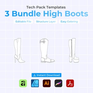 3 Bundle High Boots - Editable Tech Pack Templates | (Digital Download)