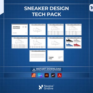 May include: A 10-page sneaker design tech pack template featuring technical drawings, measurement charts, and color variations in black, grey, blue, and red. The document includes text labels such as SNEAKER DESIGN TECH PACK and THANK YOU.