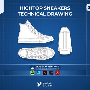 May include: A technical drawing of hightop sneakers displayed in three views: side, top, and back. The white line art is set against a blue grid background with the text HIGHTOP SNEAKERS TECHNICAL DRAWING, 3 VIEW, and INSTANT DOWNLOAD.