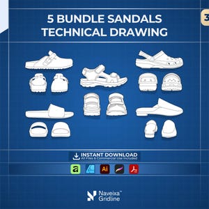 5 Bundle Sandals Technical Drawing Template | Editable Footwear Design | AI & Affinity Designer