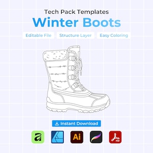 May include: Line drawing of a winter boot with a faux fur trim, laces, and a textured sole. The text "Tech Pack Templates" and "Winter Boots" are at the top. Additional text includes "Editable File", "Structure Layer", and "Easy Coloring".