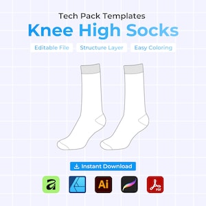 Op de afbeelding: Een witte lijntekening van twee kniehoge sokken. De afbeelding bevat de tekst "Tech Pack Templates" en "Knee High Socks". Extra tekst is "Editable File", "Structure Layer", "Easy Coloring" en "Instant Download".