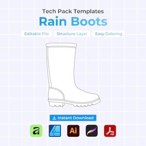 Può includere: Un disegno a tratto di uno stivale da pioggia, parte di un modello di tech pack. Il testo "Rain Boots" è in blu, con testo aggiuntivo che indica che il file è modificabile, ha un livello di struttura ed è facile da colorare. Include icone software e un pulsante "Download istantaneo".