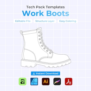 May include: Line drawing of a work boot with a lug sole, laces, and a pull tab at the top. The text "Tech Pack Templates" and "Work Boots" are at the top. Additional text includes "Editable File", "Structure Layer", and "Easy Coloring".