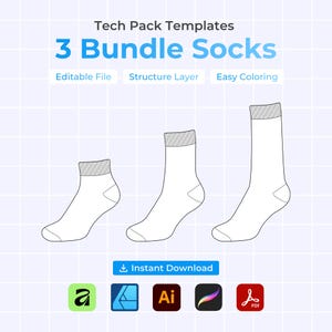May include: A digital illustration of three white socks in different sizes. The image includes the text "Tech Pack Templates" and "3 Bundle Socks". Additional text includes "Editable File", "Structure Layer", and "Easy Coloring". Icons for design software are also present.